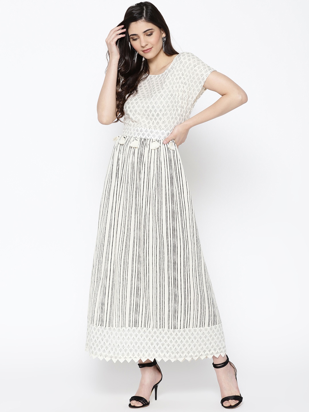 

Indo Era Women Off-White & Black Striped Maxi Dress