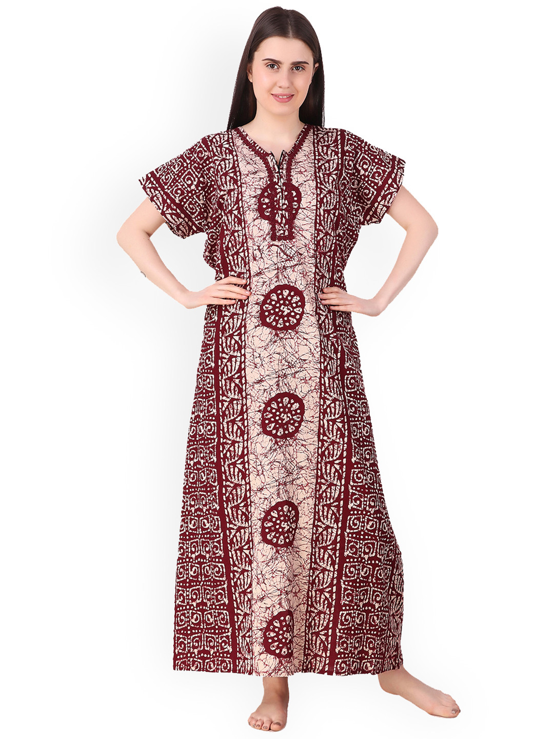 

Masha Maroon & Cream-Coloured Printed Maternity Nursing Nightdress MW-CZ274-1368