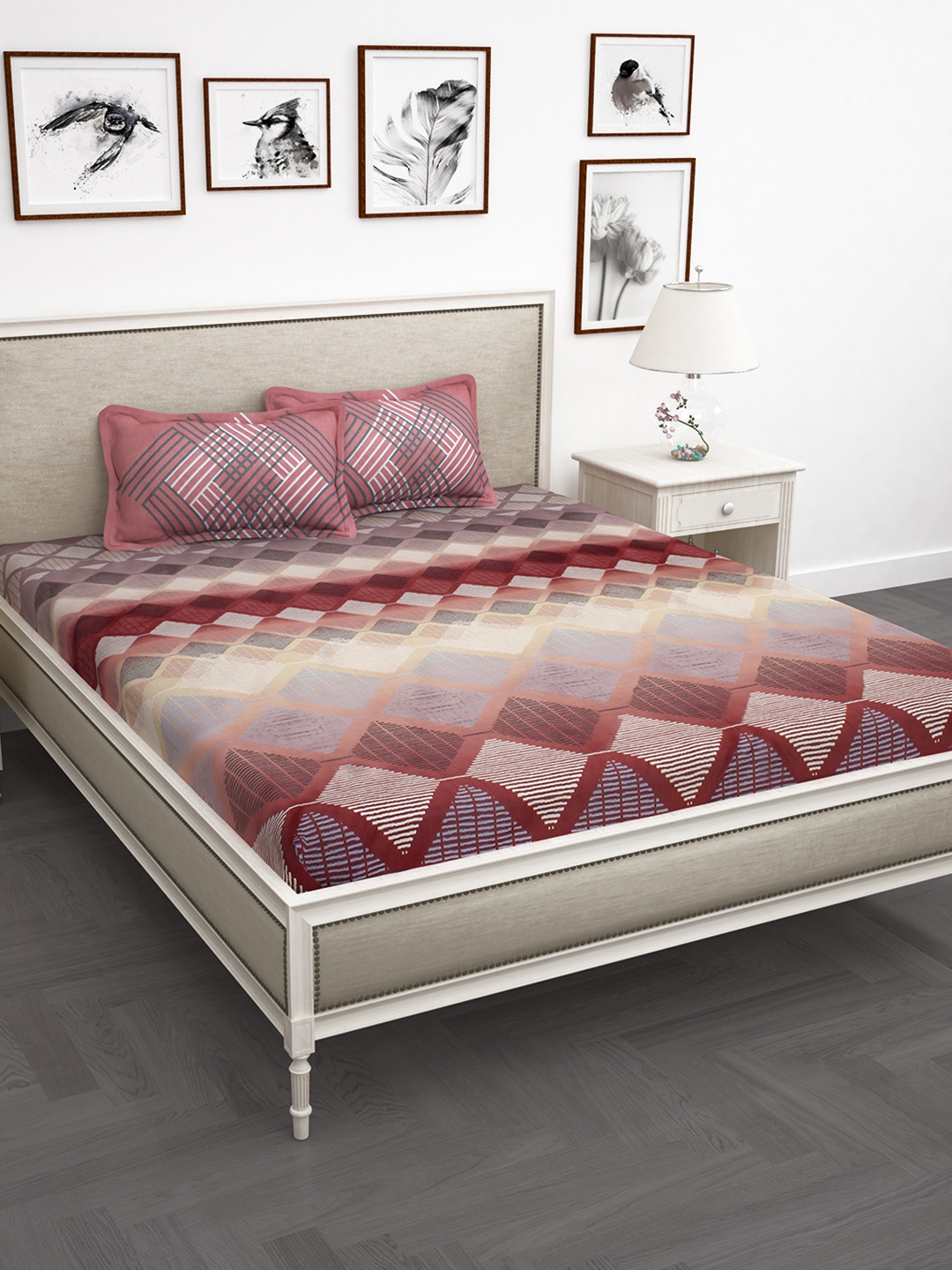 

Story@home Mauve & Grey Geometric 240TC Cotton 1 King Bedsheet with 2 Pillow Covers