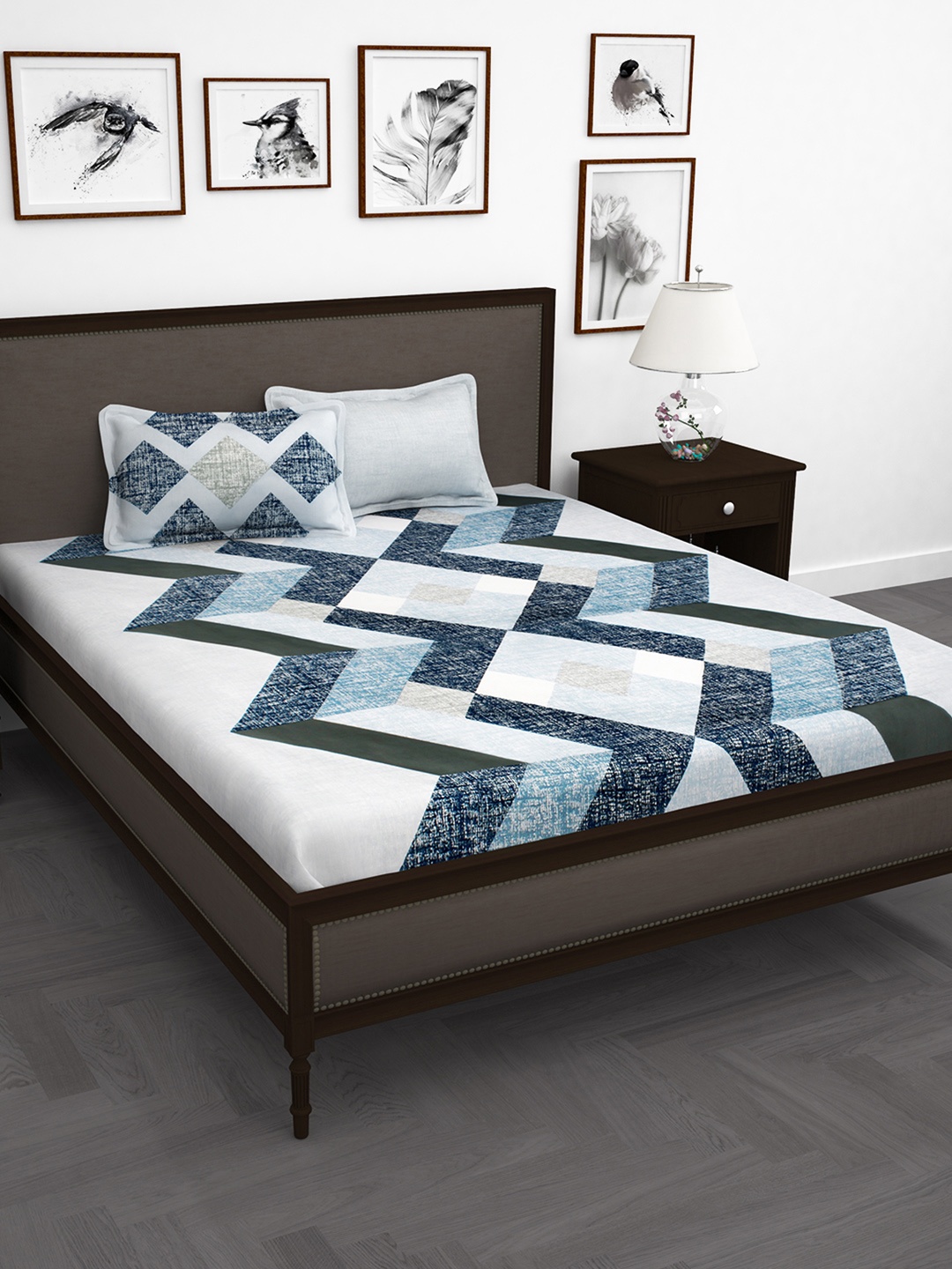 

Story@home Blue & Grey Geometric 240TC Cotton 1 King Bedsheet with 2 Pillow Covers