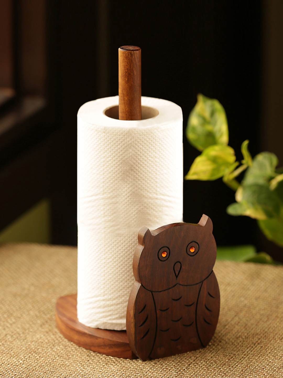

ExclusiveLane Sheesham Wooden Owl n Roll Hand Carved Kitchen Tissue Roll Holder, Brown