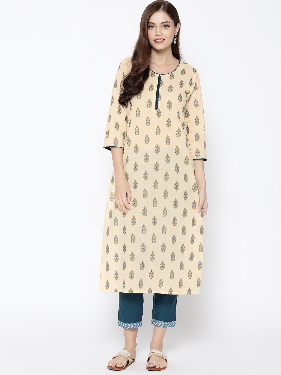 

Indo Era Women Cream-Coloured & Green Printed Straight Kurta