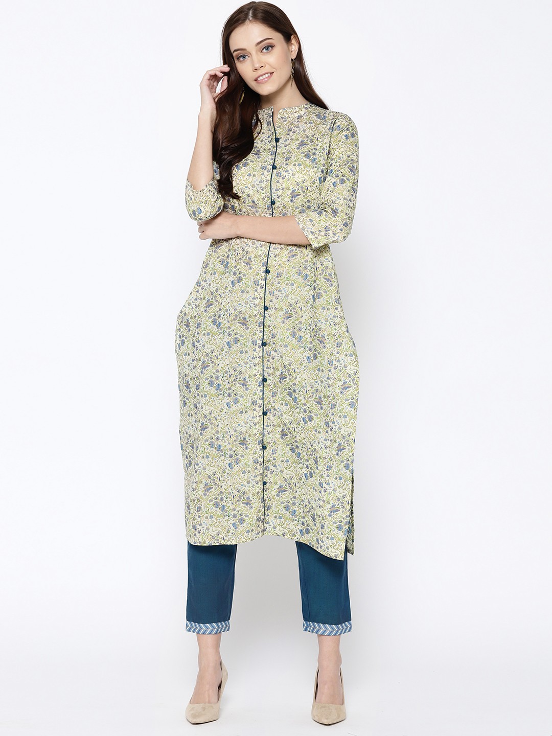 

Indo Era Women Cream-Coloured & Blue Floral Foil Printed Straight Kurta