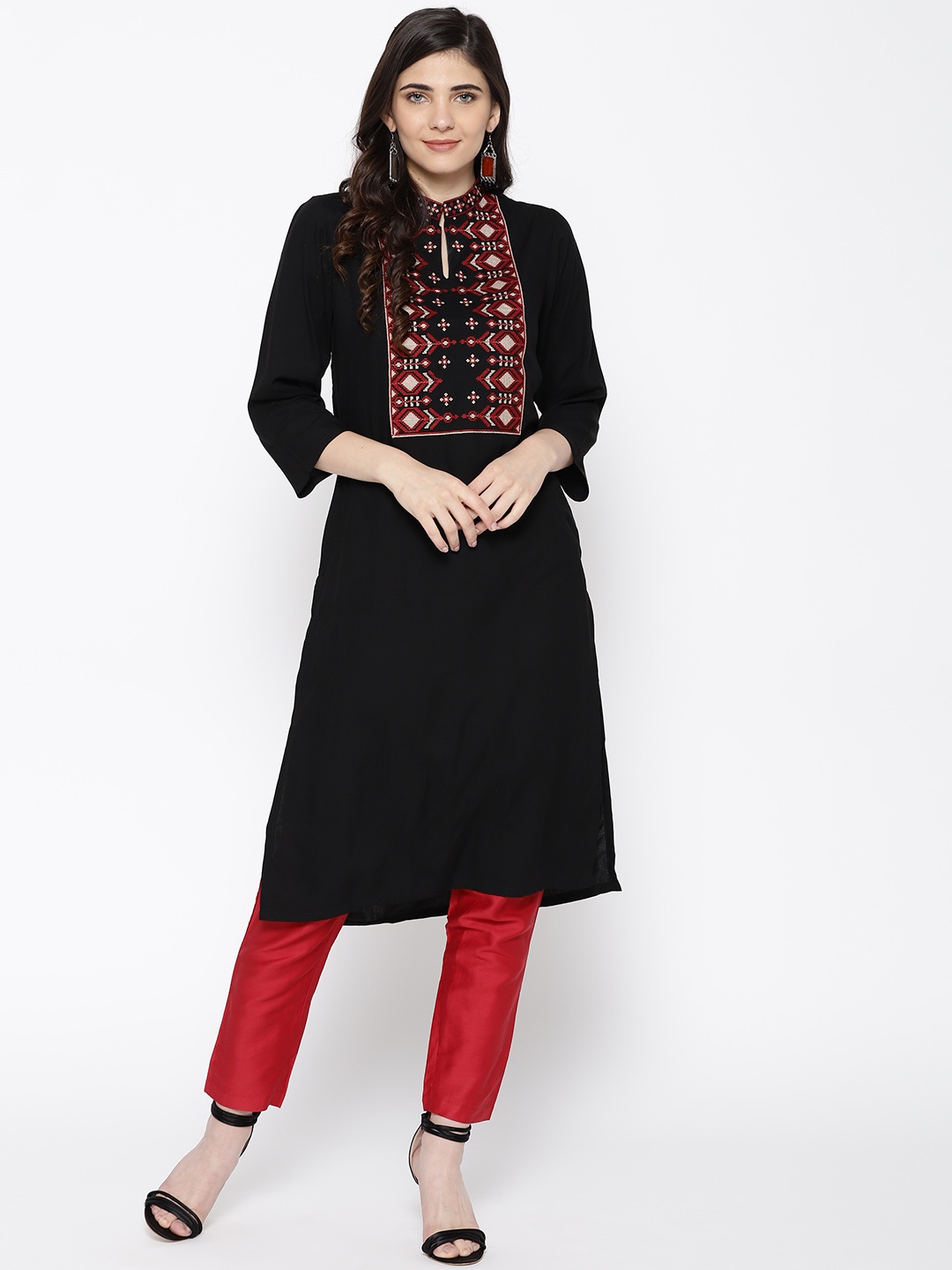 

Indo Era Women Black Yoke Design Straight Kurta