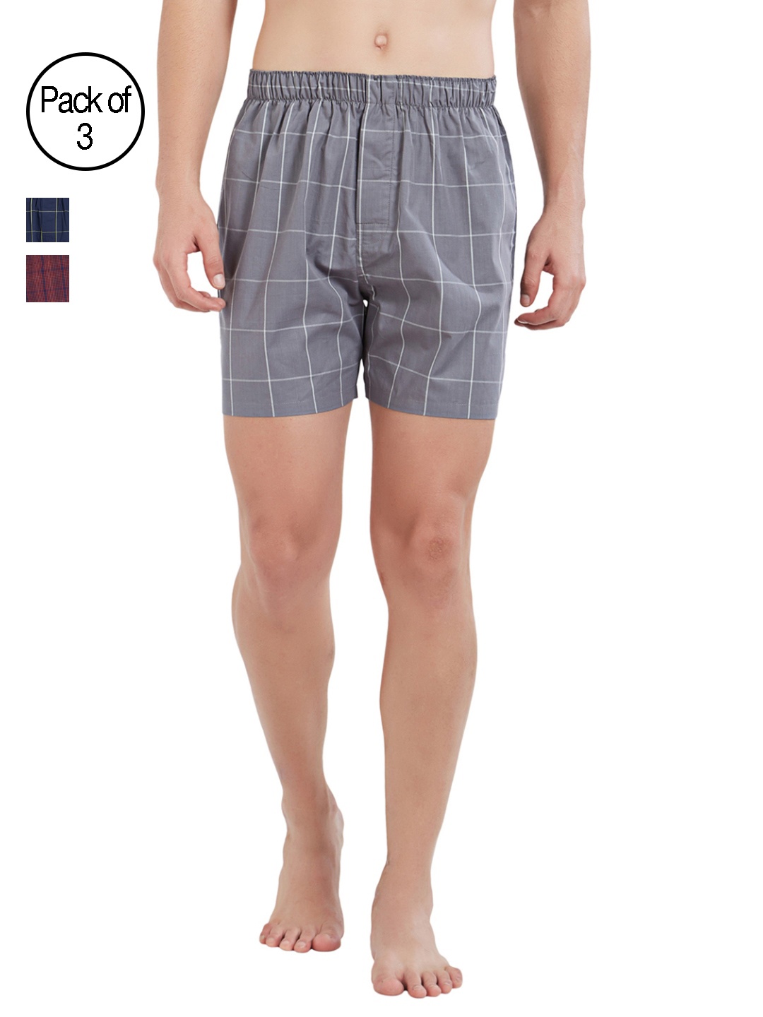 

XYXX Men Checkered Pack of 3 Checkmate Pure Cotton Boxer XYBOX3PCKN113, Grey
