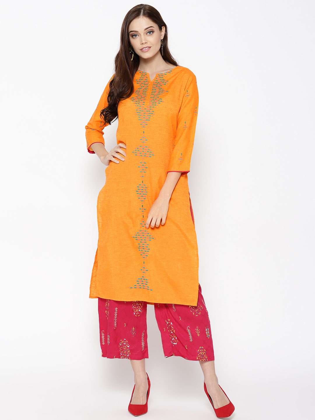 

Indo Era Women Yellow Embroidered Straight Kurta