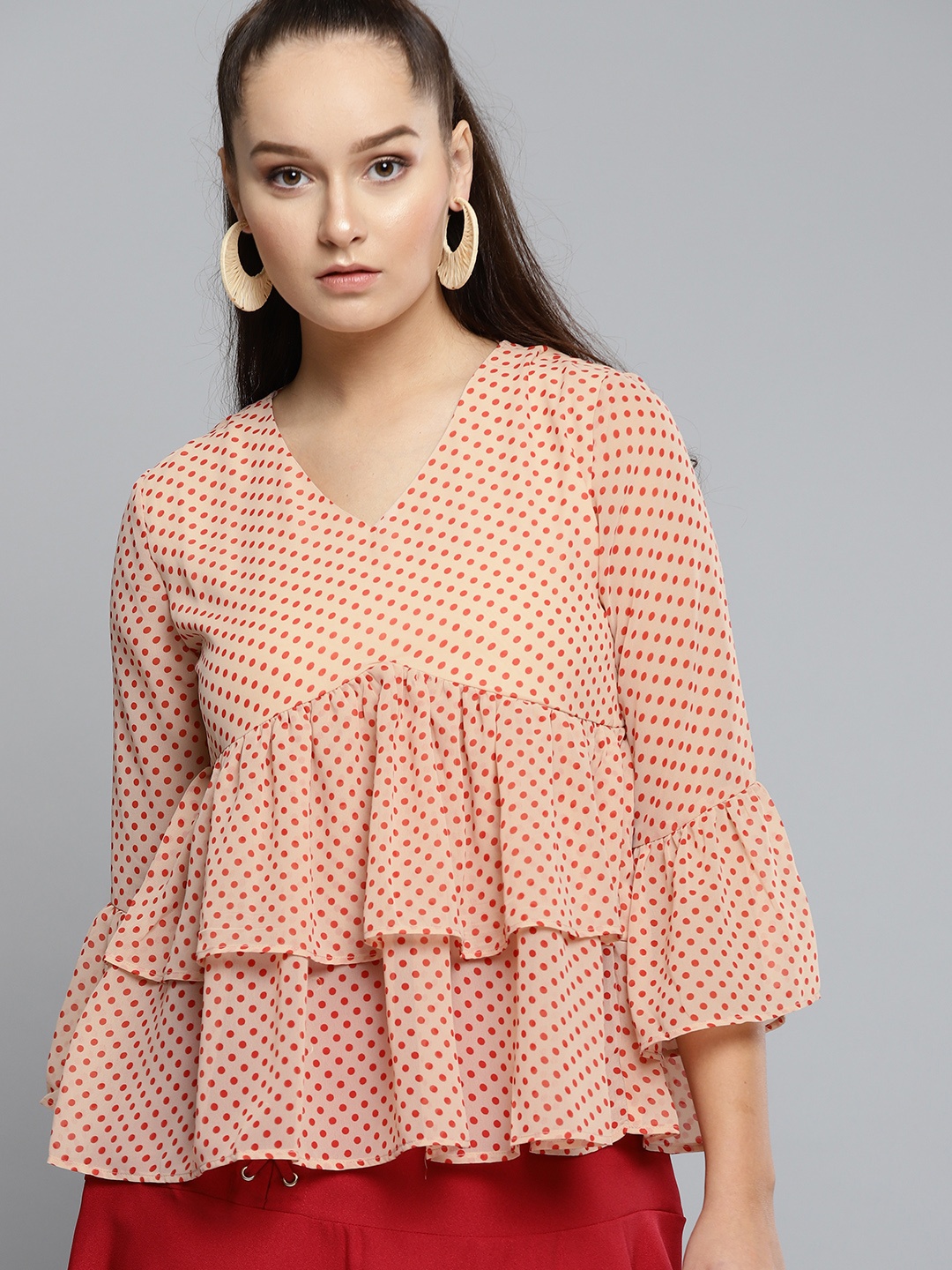 

Carlton London Women Beige & Red Polka Dot Print A-Line Layered Top
