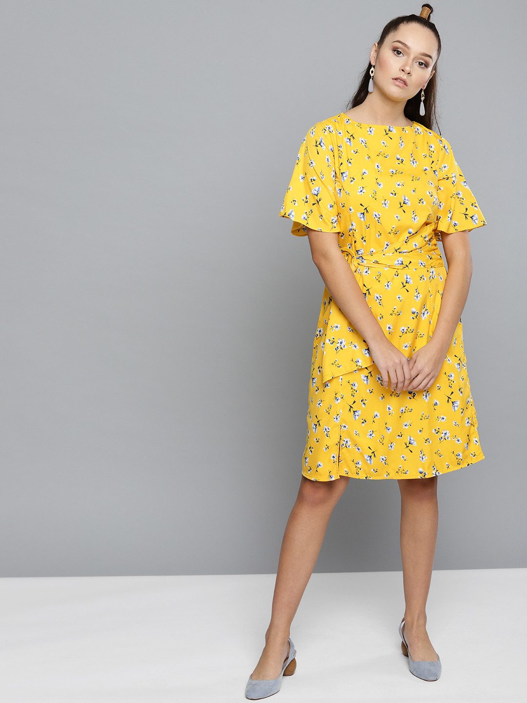 

Carlton London Women Yellow & Blue Floral Printed A-Line Dress