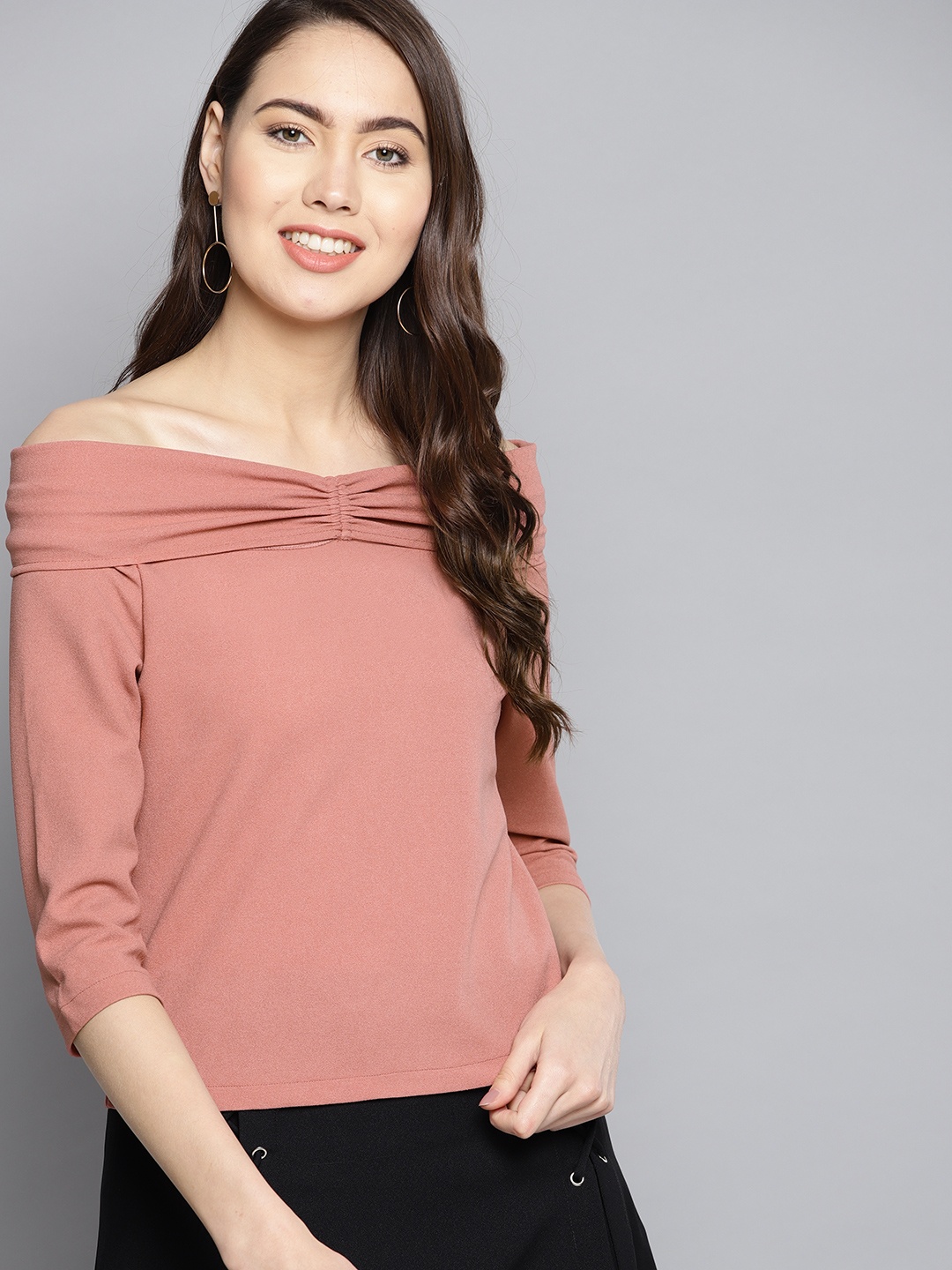 

Carlton London Women Peach-Coloured Solid Bardot Top