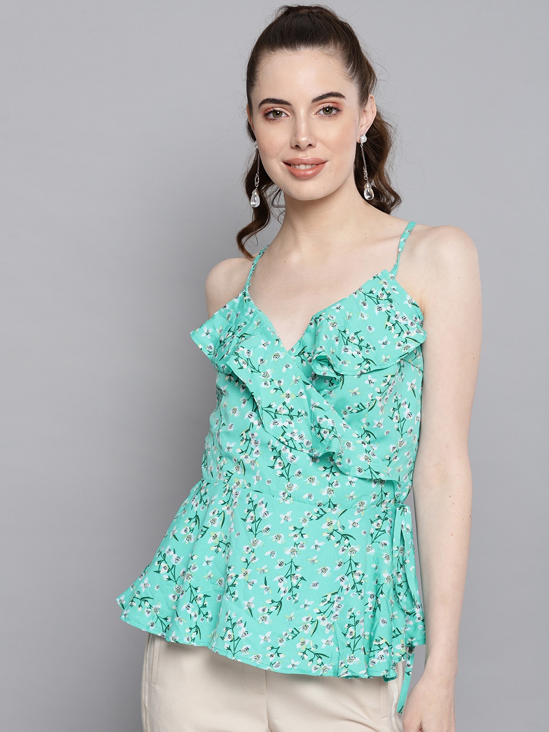 

Carlton London Women Sea Green Ditsy Floral Print Wrap Top