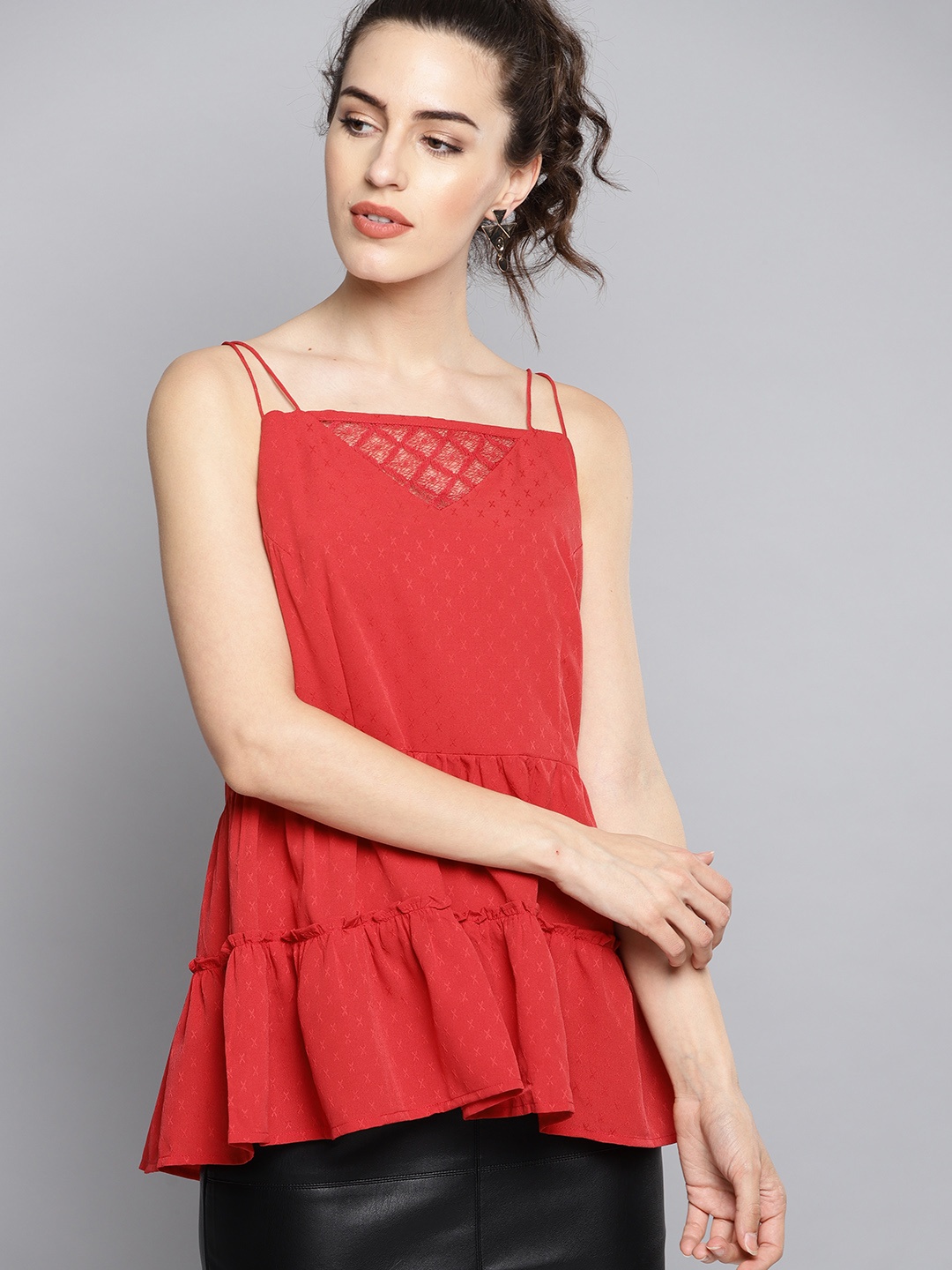 

Carlton London Women Red Self Design Tiered A-Line Top