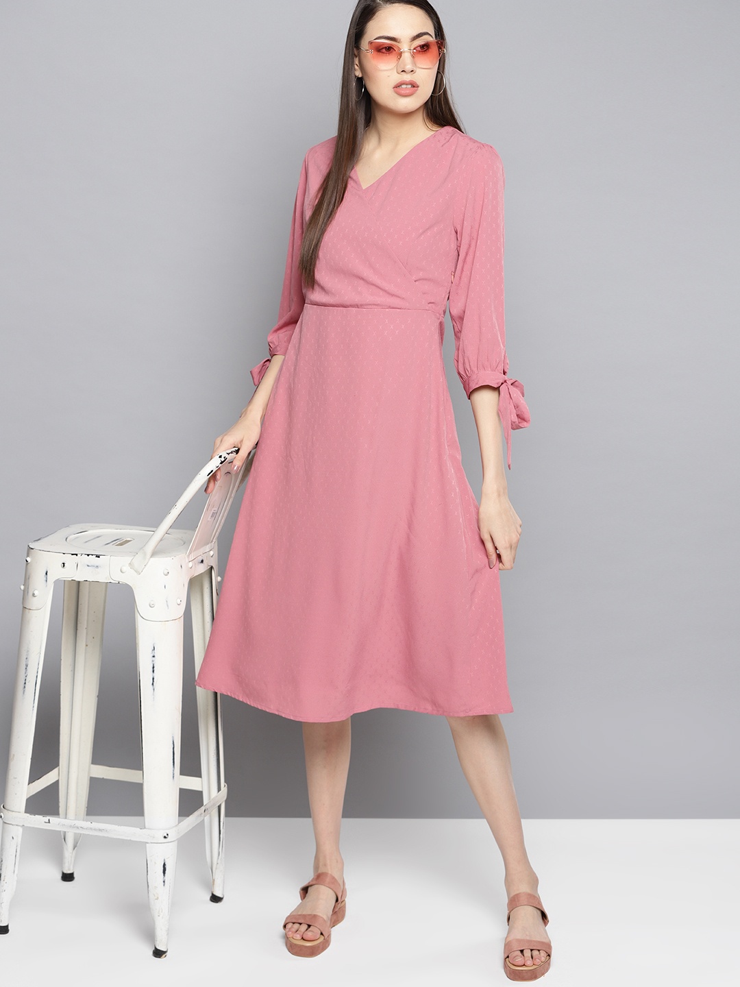 

Carlton London Women Pink Self-Design Wrap Dress