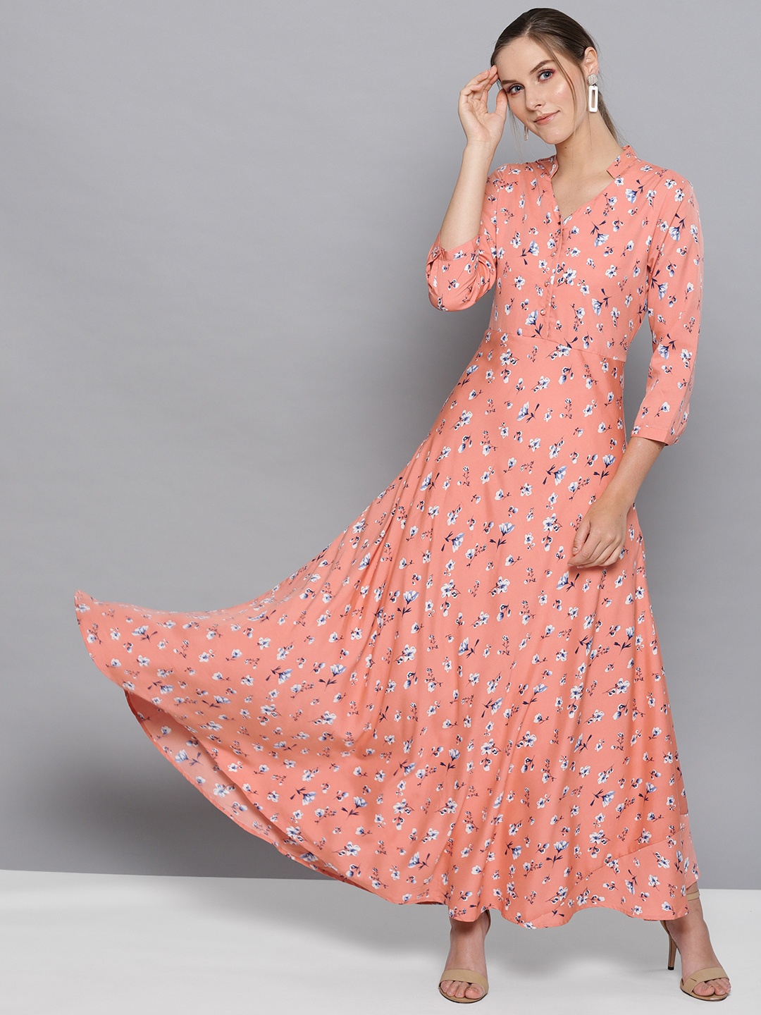 

Carlton London Women Peach-Coloured & Blue Floral Printed Maxi Dress