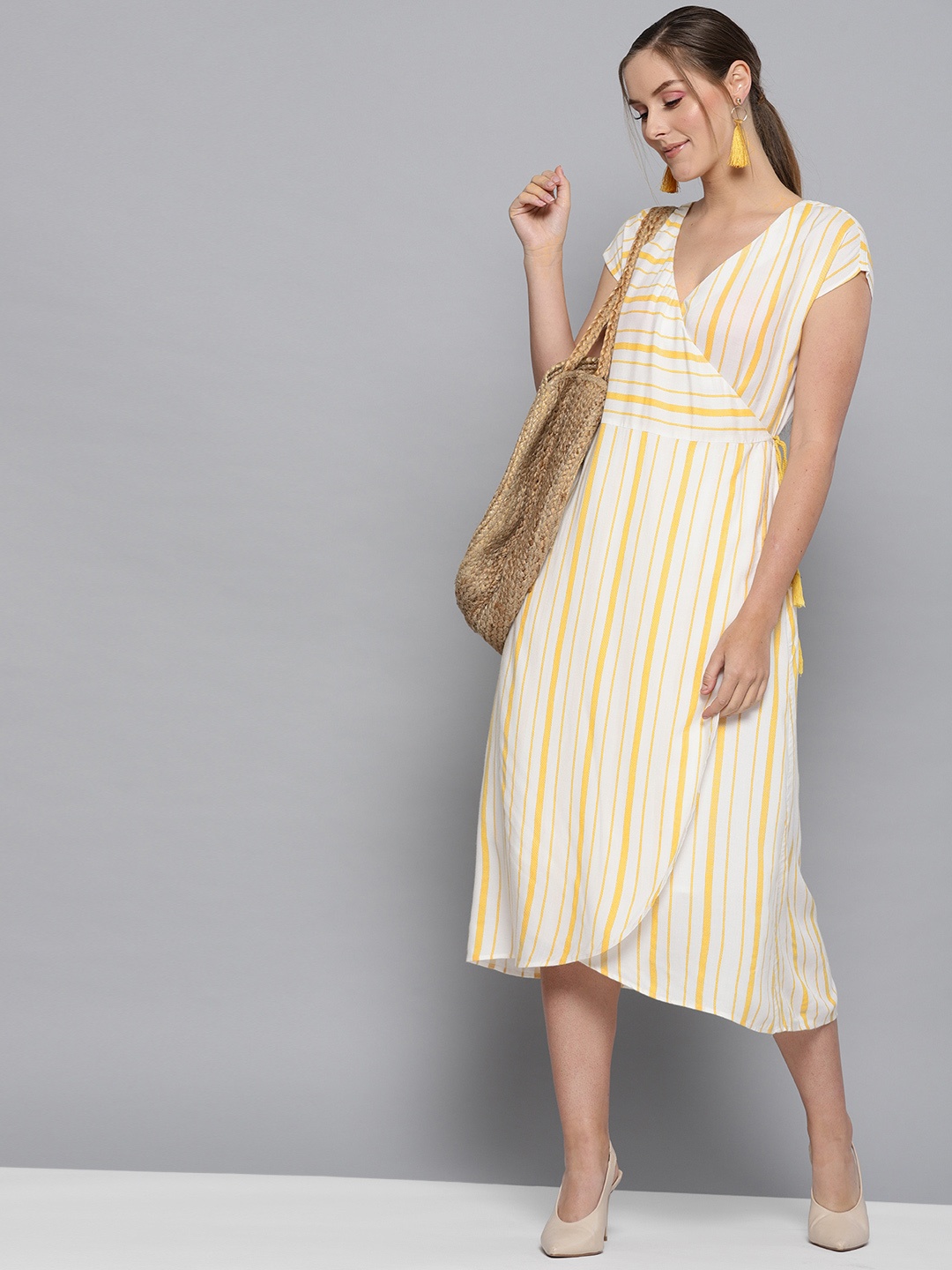 

Carlton London Women Off-White & Mustard Yellow Striped Wrap Dress