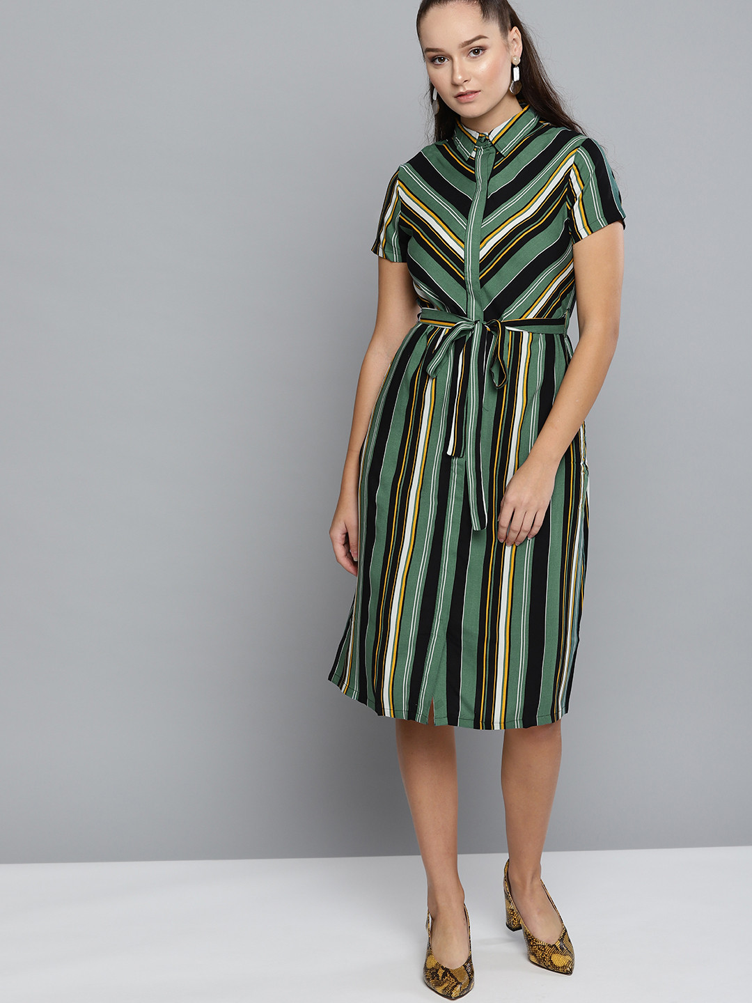 

Carlton London Women Green & Black Striped Shirt Dress