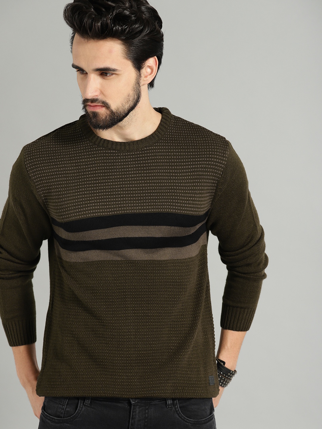 

The Roadster Lifestyle Co Men Olive Green & Black Striped Sweater