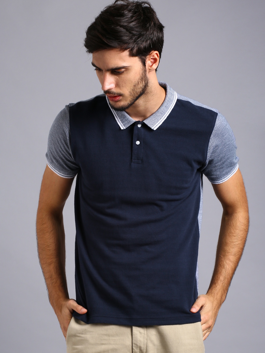 

ether Men Navy Blue Colorblocked Oxford Polo Pure Cotton T-shirt