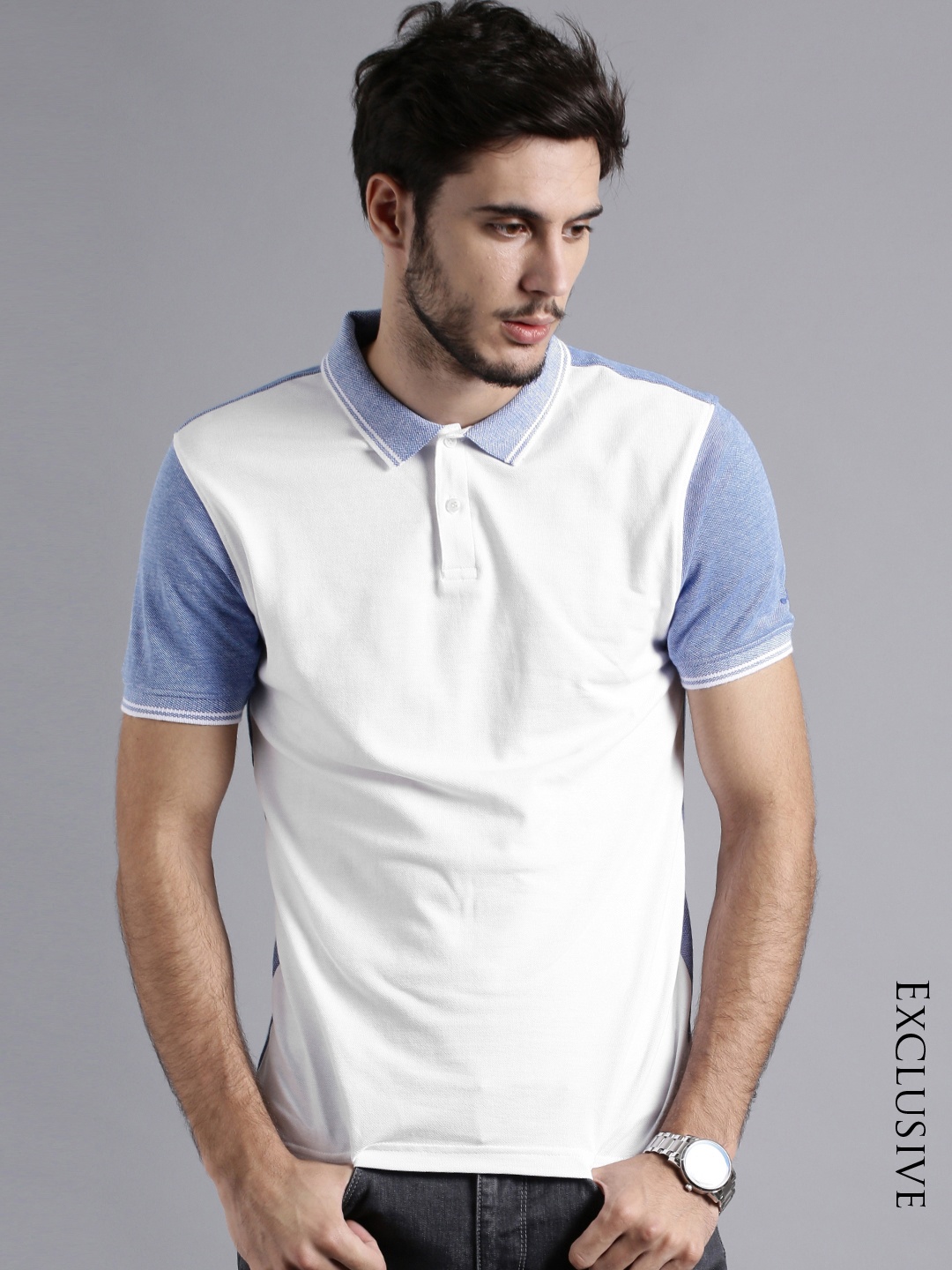 

ether Men White Blue Colorblocked Oxford Polo Pure Cotton T-shirt