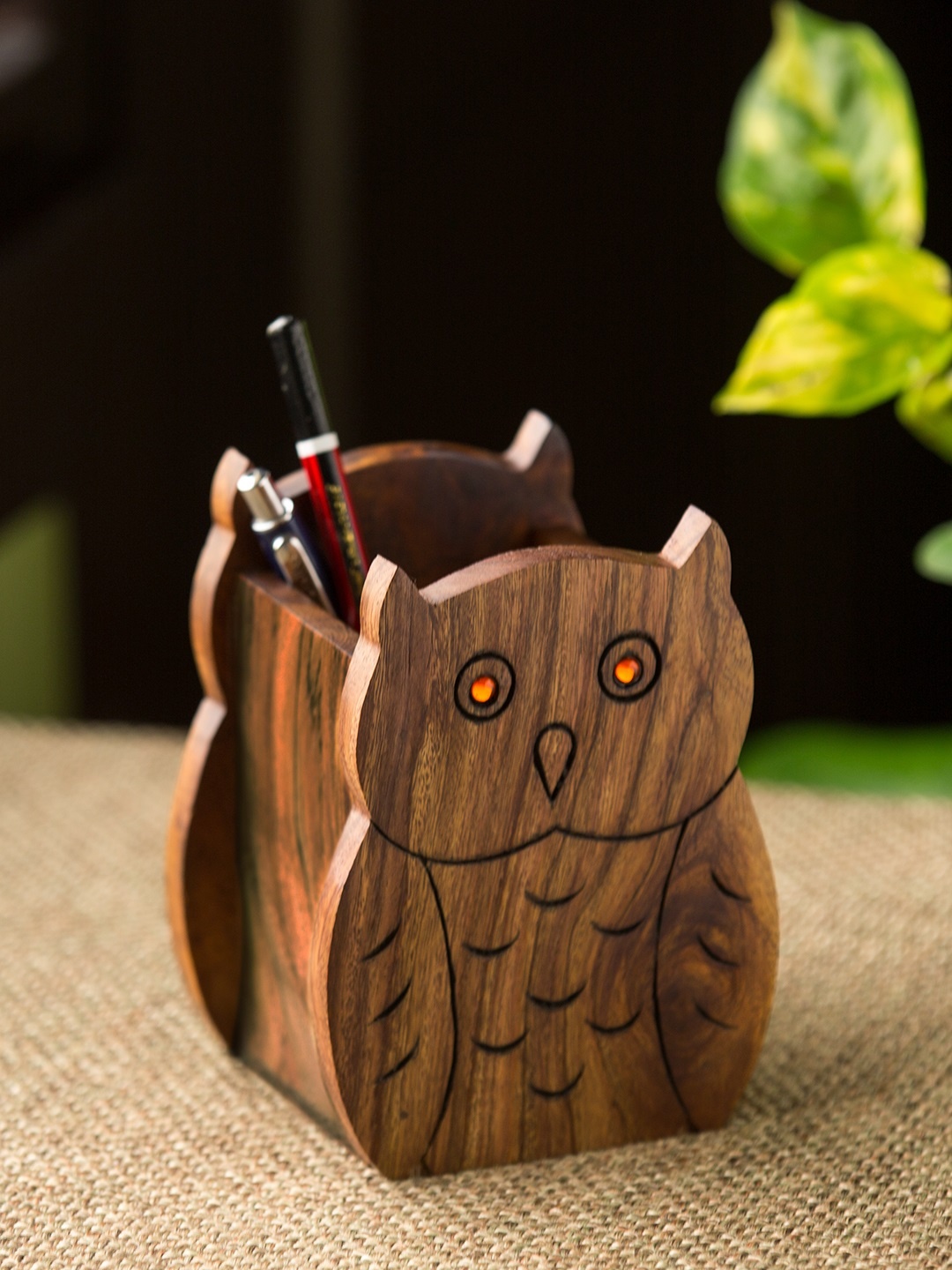 

ExclusiveLane Brown Hand Carving Owl Motif Seesham Wooden Desk Organisers