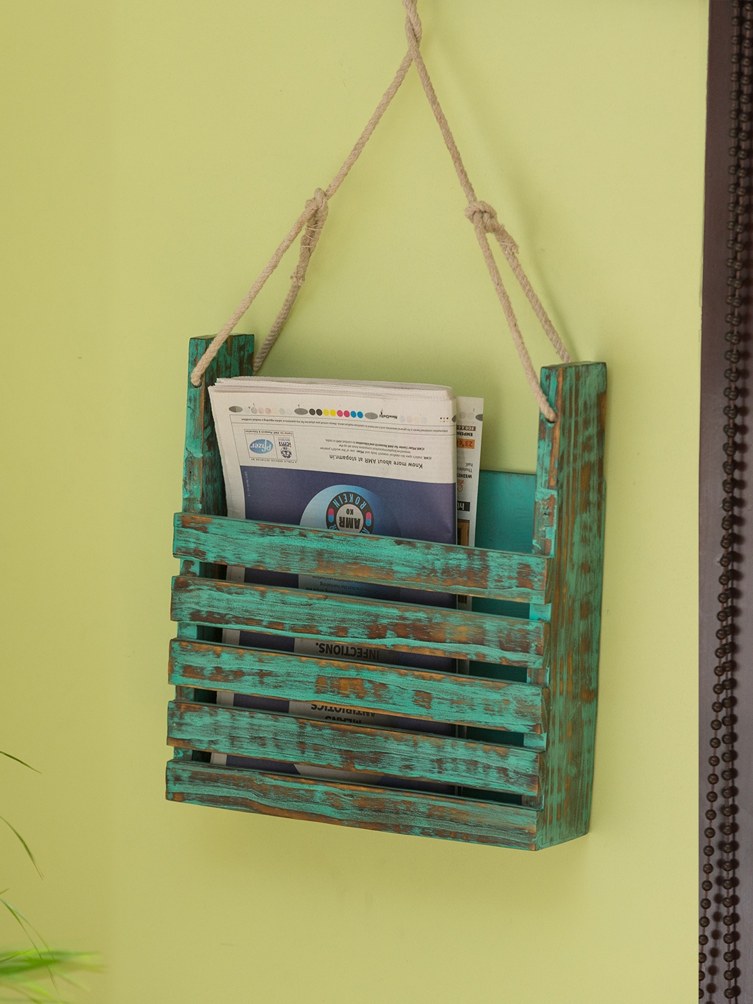 

ExclusiveLane Mango Wooden Antique Finish Wall Magazine Stand Organisers, Green
