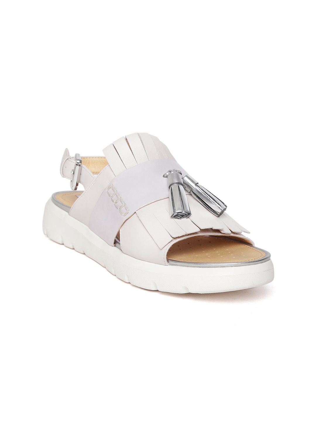 

Geox Women Off-White Solid Leather Tasselled Open Toe Flats