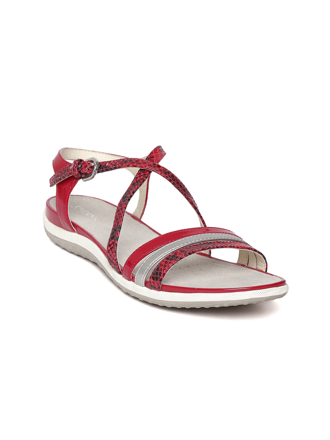 

Geox Women Red & Silver-Toned Snakeskin Pattern Open Toe Flats