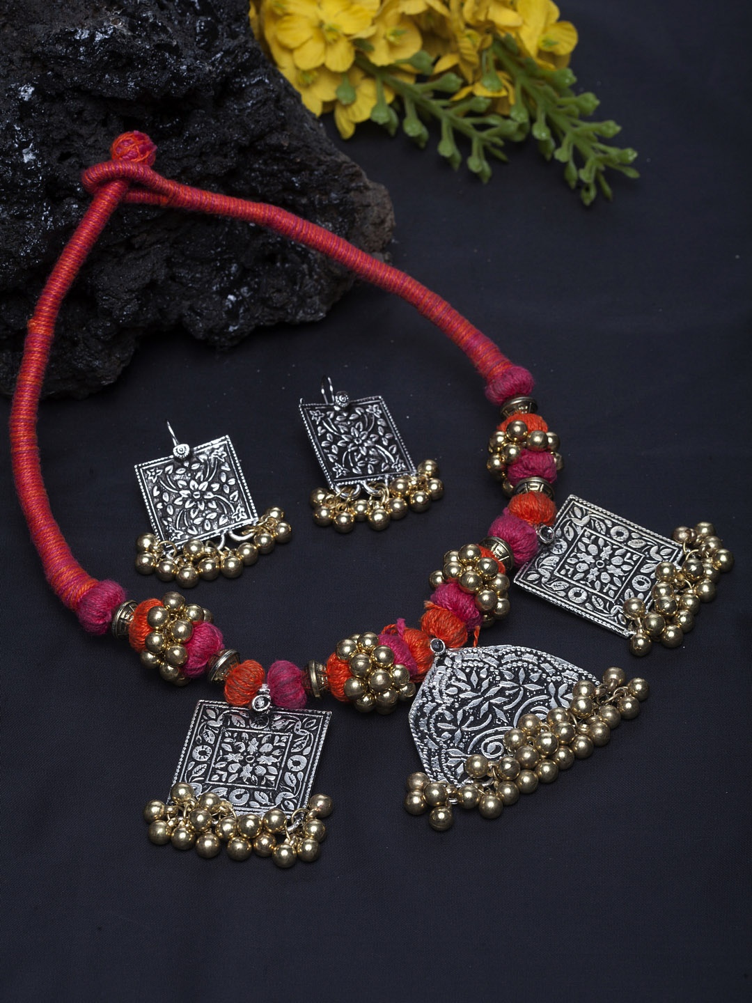 

Moedbuille Women Gold-Plated Silver-Toned & Pink Handcrafted Jewellery Set