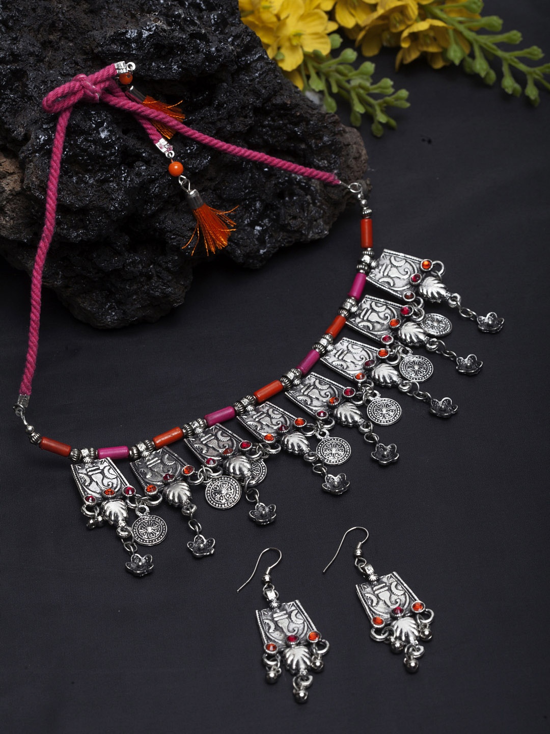 

Moedbuille Women Silver-Plated Pink & Orange Handcrafted Jewellery Set