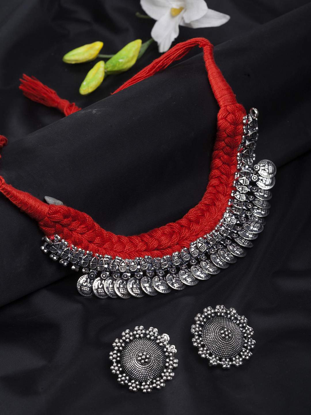 

Moedbuille Women Red & Silver-Plated Handcrafted Jewellery Set