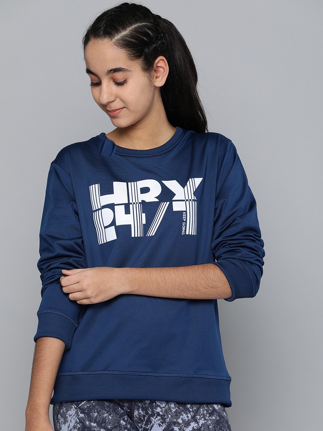 

HRX by Hrithik Roshan Girls Navy & White Printed Rapid Dry Training Sweatshirts, Navy blue