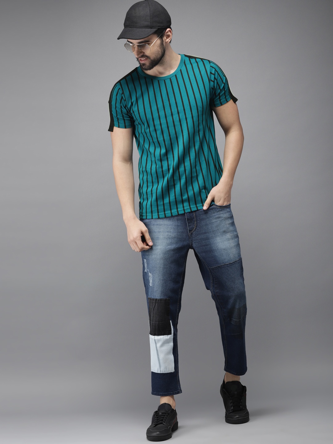 

HERENOW Men Teal Blue Black Striped Cotton Pure Cotton T-shirt