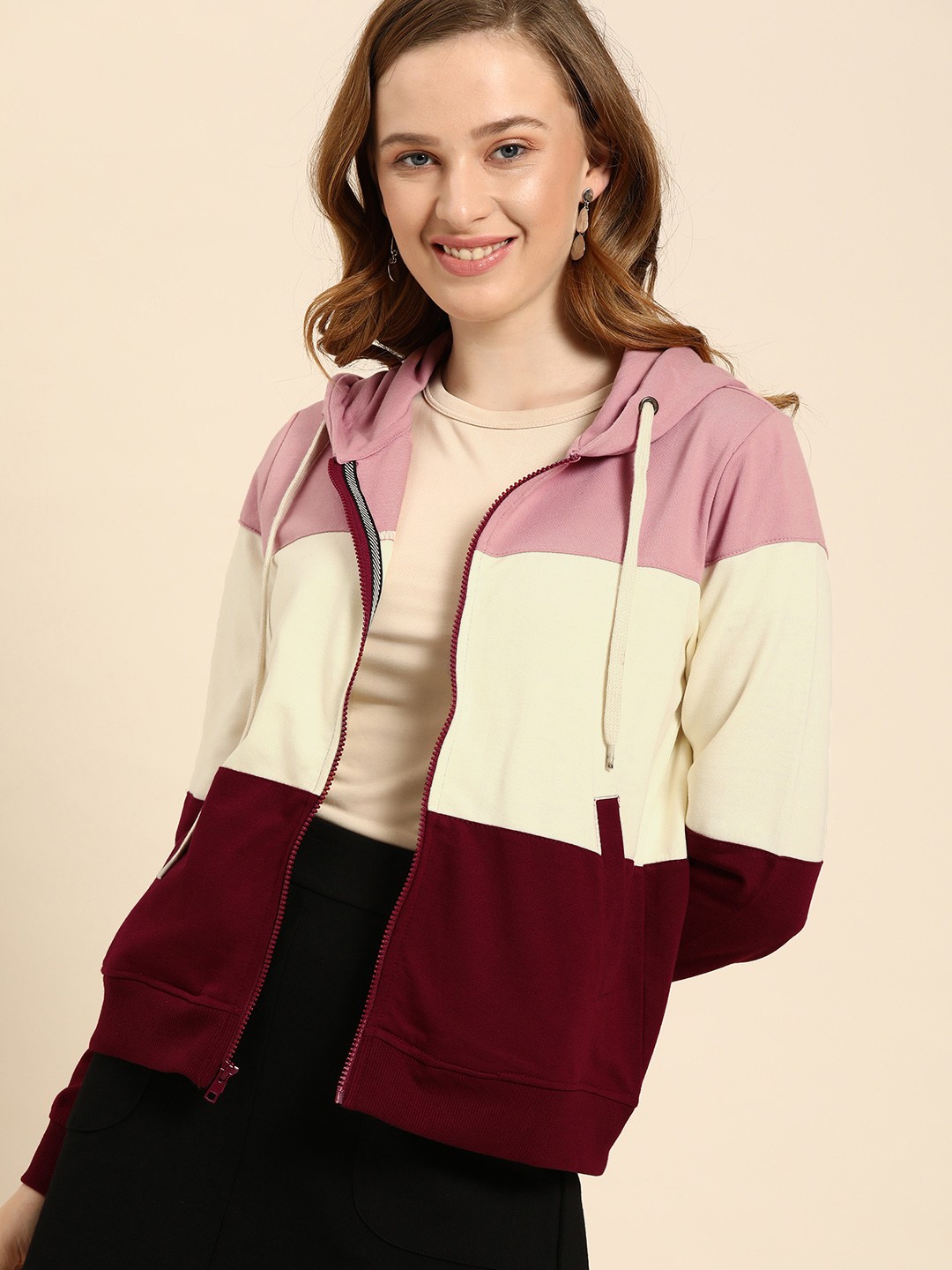 

DressBerry Women Pink & Off-White Colourblocked Hooded Front-Open Sweatshirt