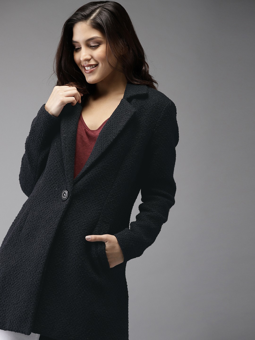 

HERE&NOW Women Black Self-Design Single Breasted Over Coat