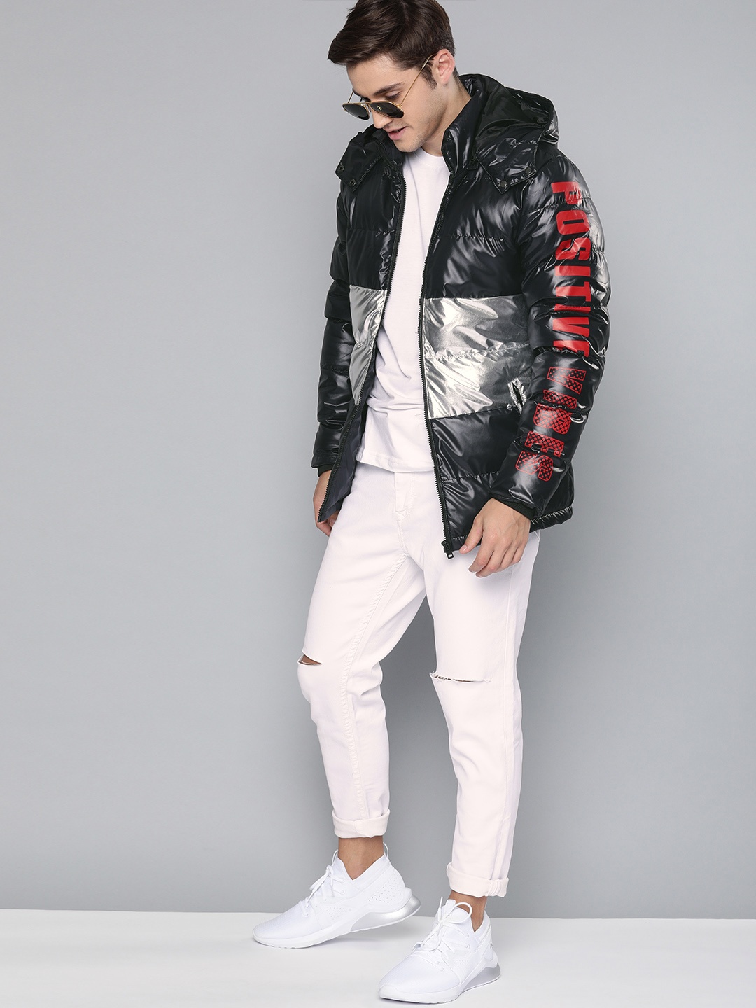 

HERE&NOW Men Black & Silver-Coloured Colourblocked Puffer Jacket
