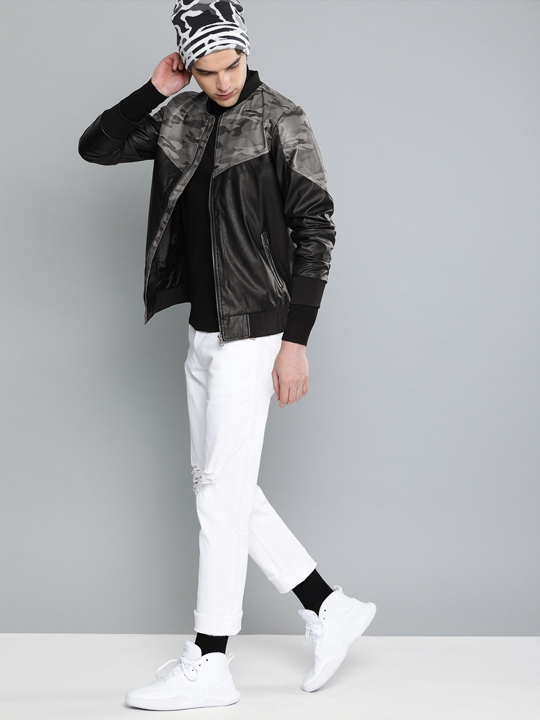 

HERE&NOW Men Black & Grey Printed Bomber Jacket