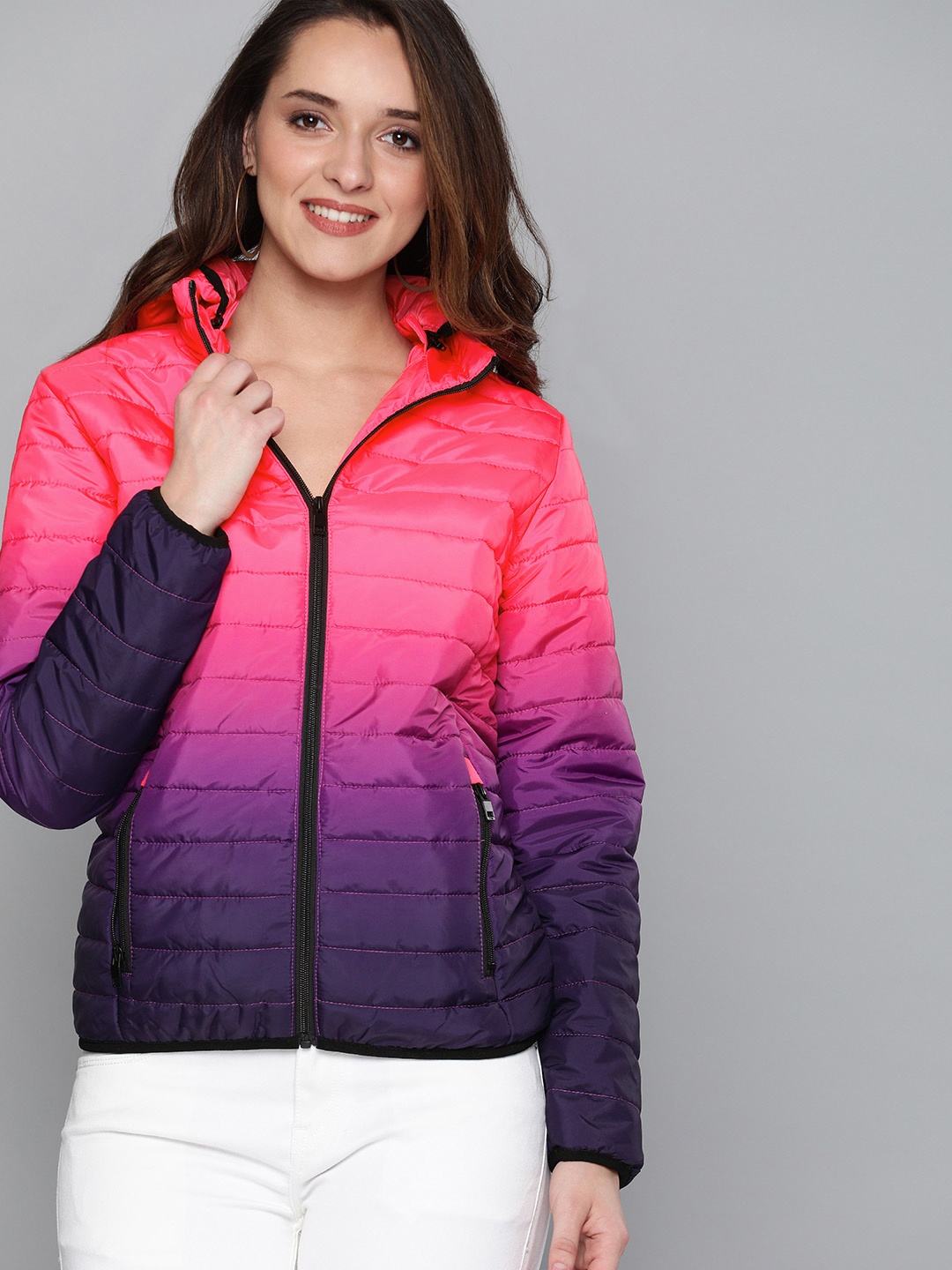 

HERE&NOW Women Pink & Blue Solid Ombre Puffer Jacket