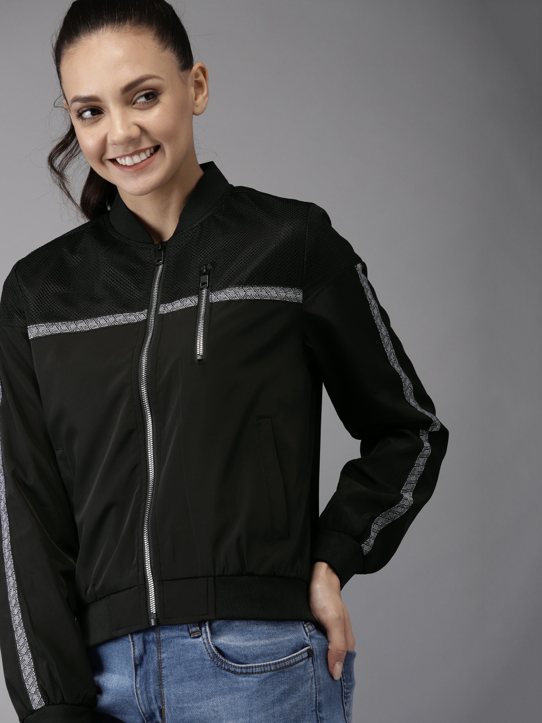 

HERE&NOW Women Black Solid Bomber Jacket