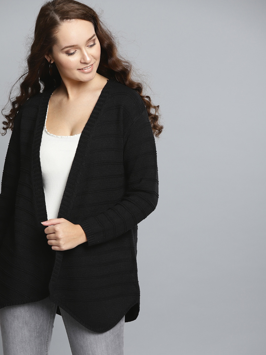 

HERE&NOW Women Black Self-Striped Front-Open Sweater
