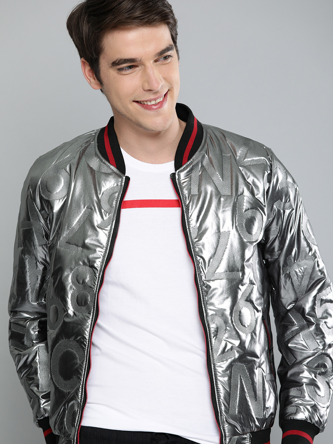 

HERE&NOW Men Silver-Coloured Self Design Bomber Jacket