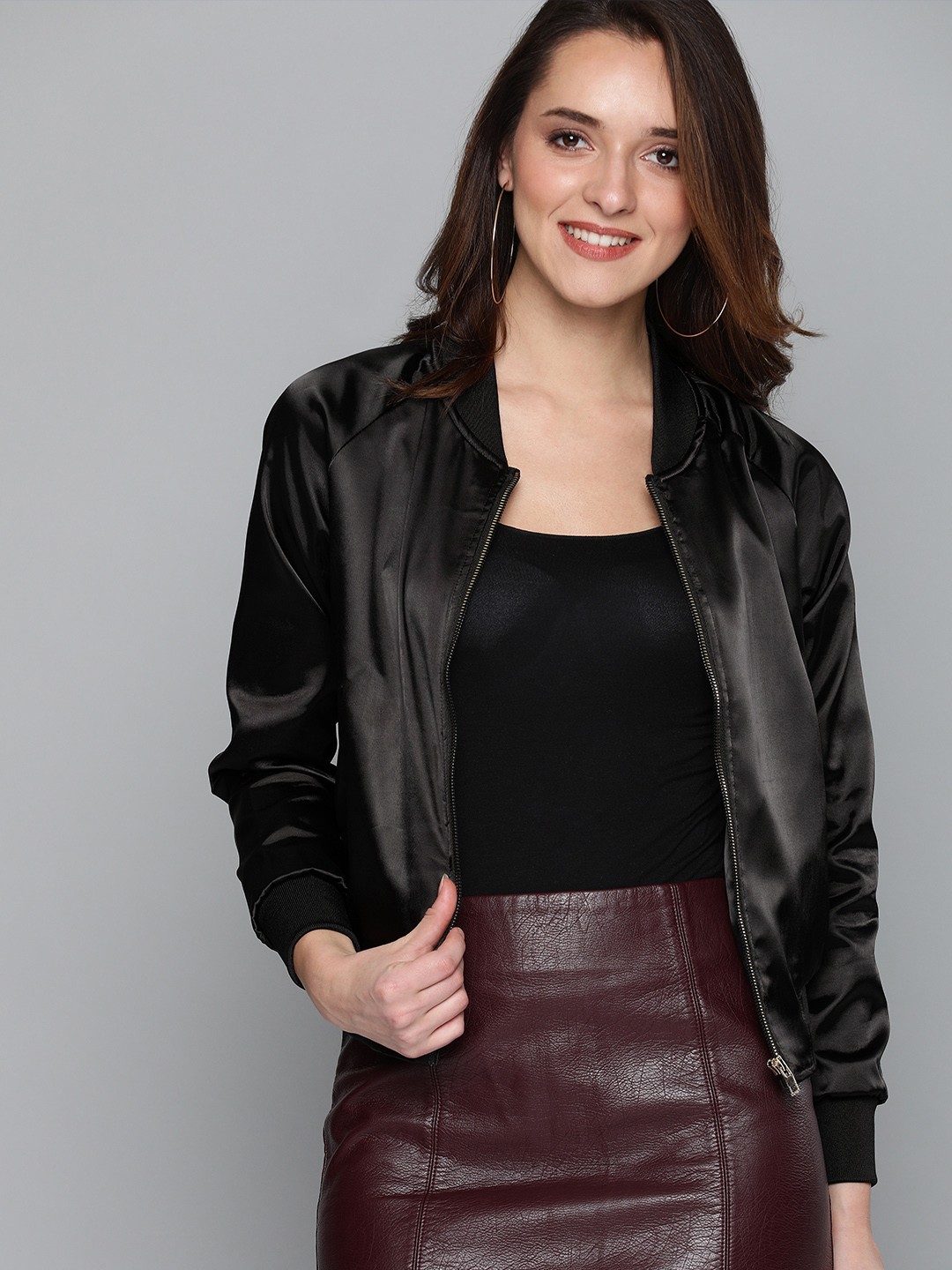 

HERE&NOW Women Black Solid Bomber Jacket