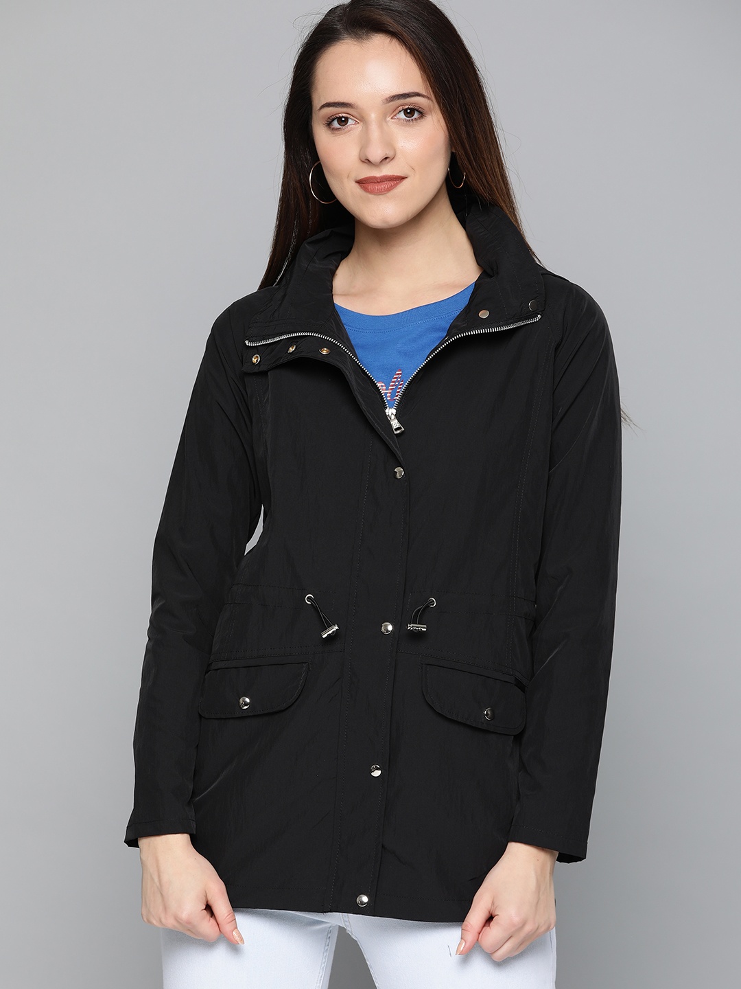 

HERE&NOW Women Black Solid Windcheater Hooded Parka Jacket