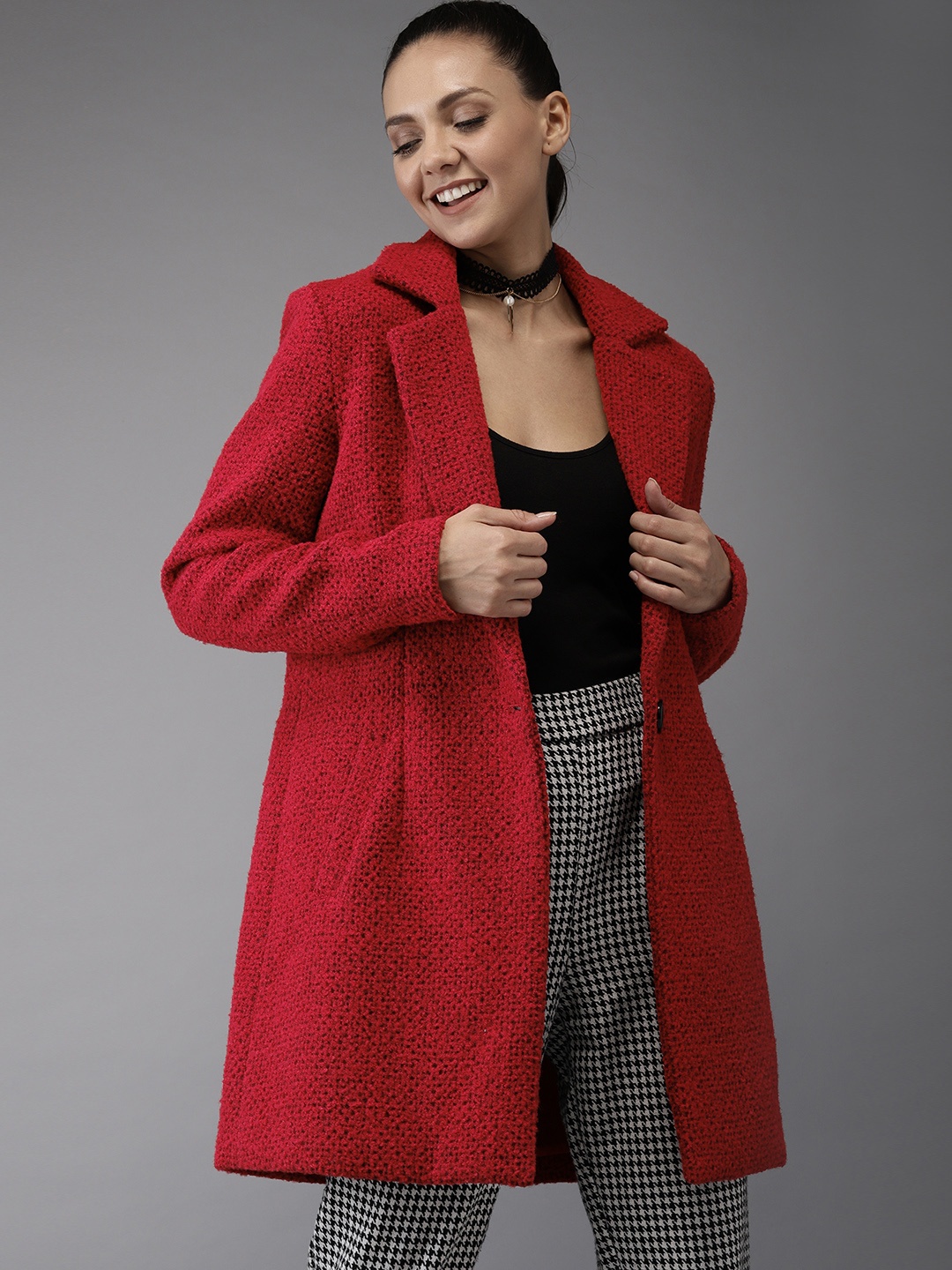 

HERE&NOW Women Red Self Design Trench Coat