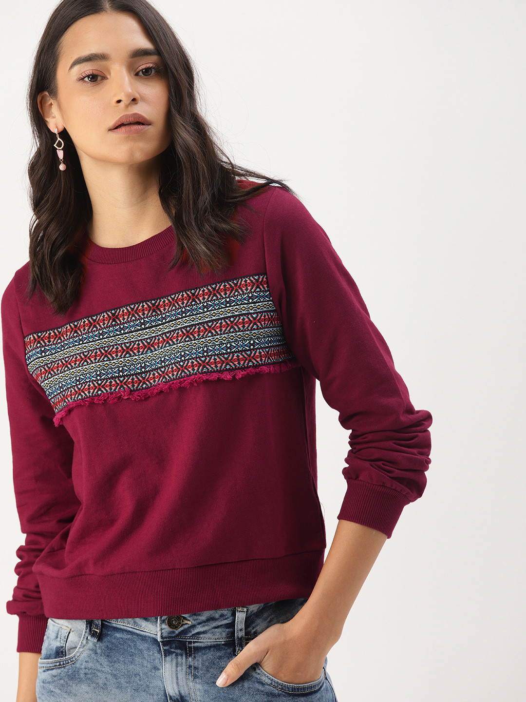 

DressBerry Women Maroon Solid Pullover Sweatshirt