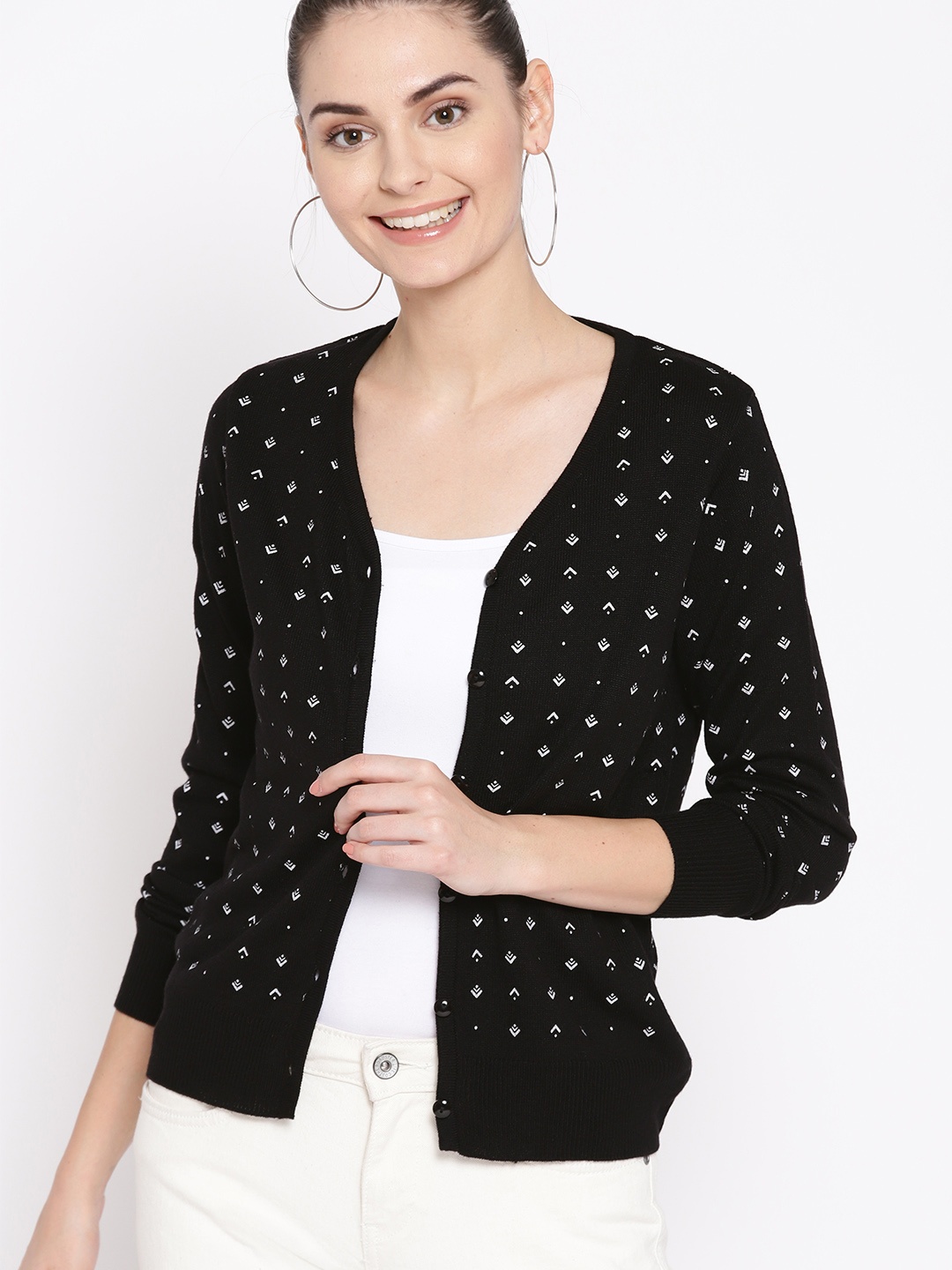 

DressBerry Women Black & White Printed Cardigan