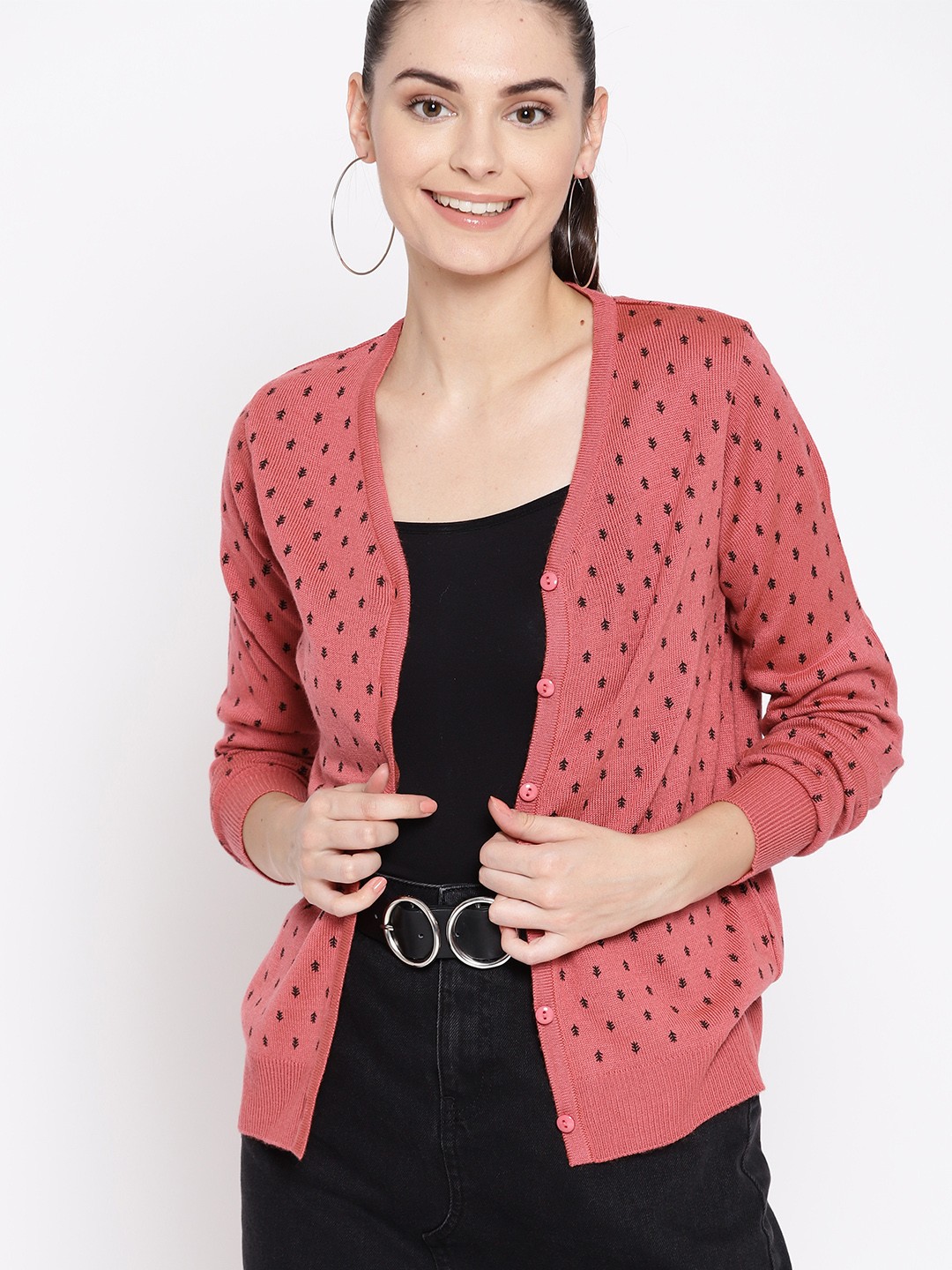 

DressBerry Women Pink & Black Printed Cardigan