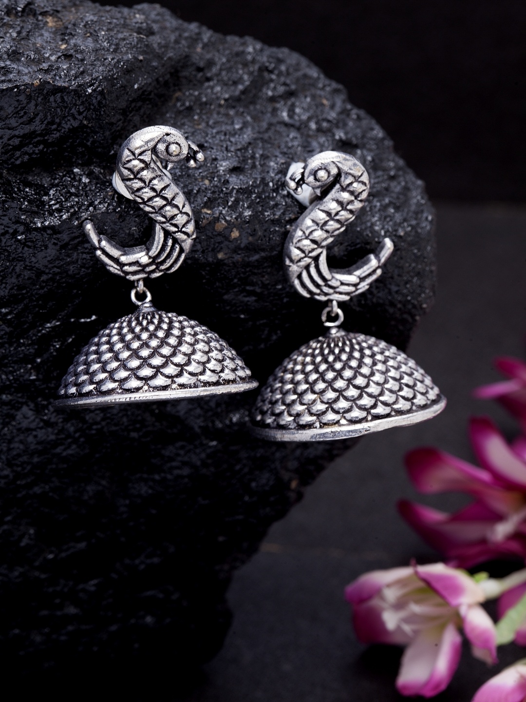 

Infuzze Silver-Toned Brass-Plated Oxidized Peacock-Shaped Jhumkas