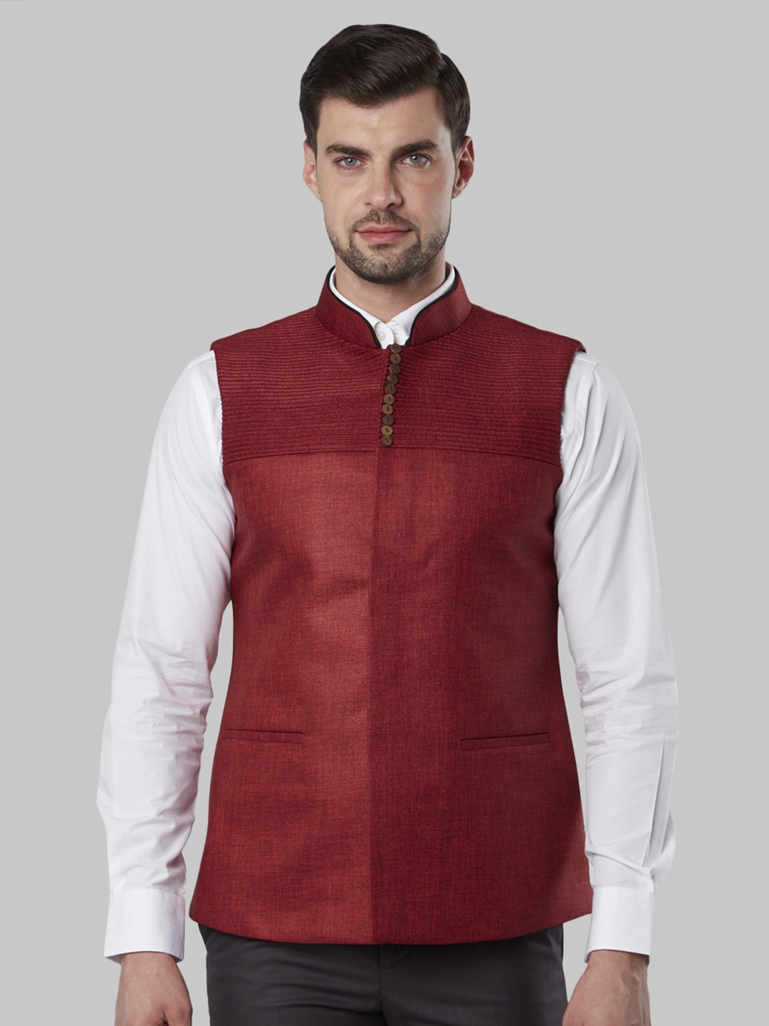 

Ethnix by Raymond Men Maroon Solid Woven Nehru Jacket