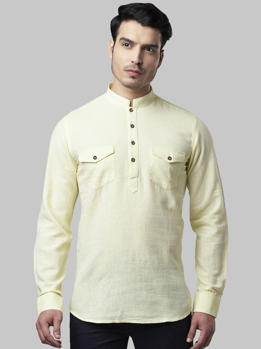 

Ethnix by Raymond Men Yellow Solid Straight Linen Kurta