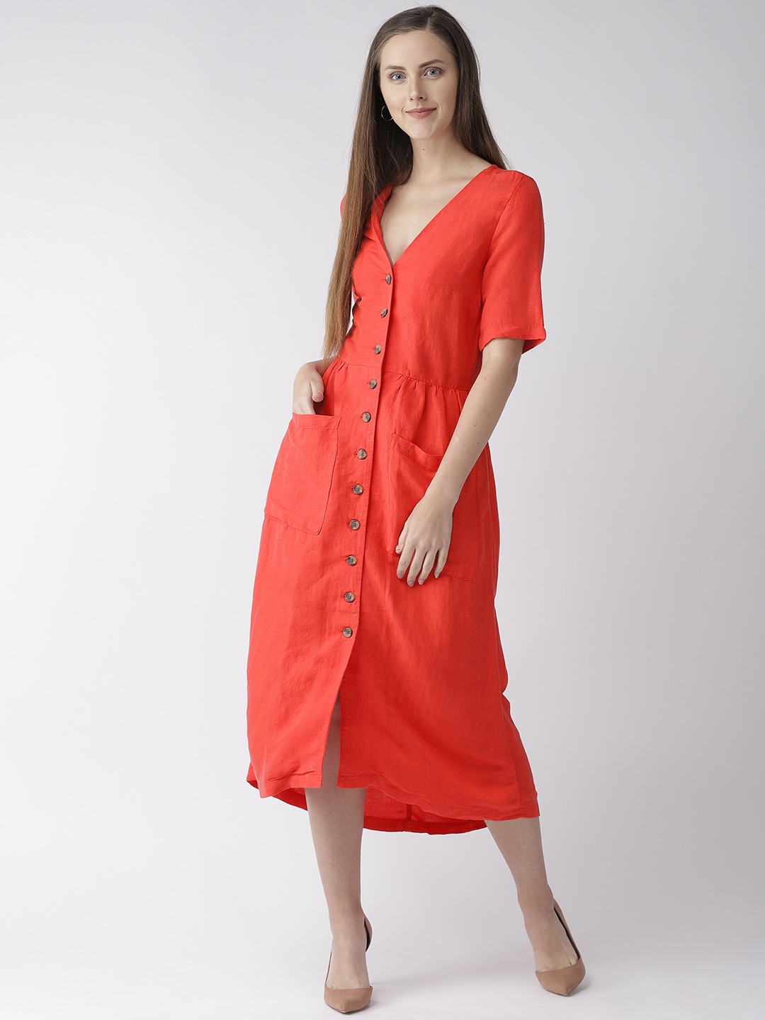 

Marks & Spencer Women Coral Orange Solid A-Line Dress