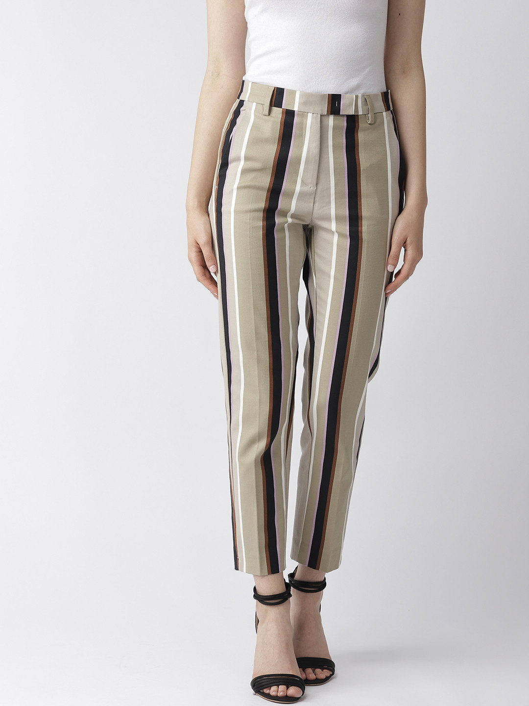 

Marks & Spencer Women Beige & Black Slim Fit Striped Regular Cropped Trousers